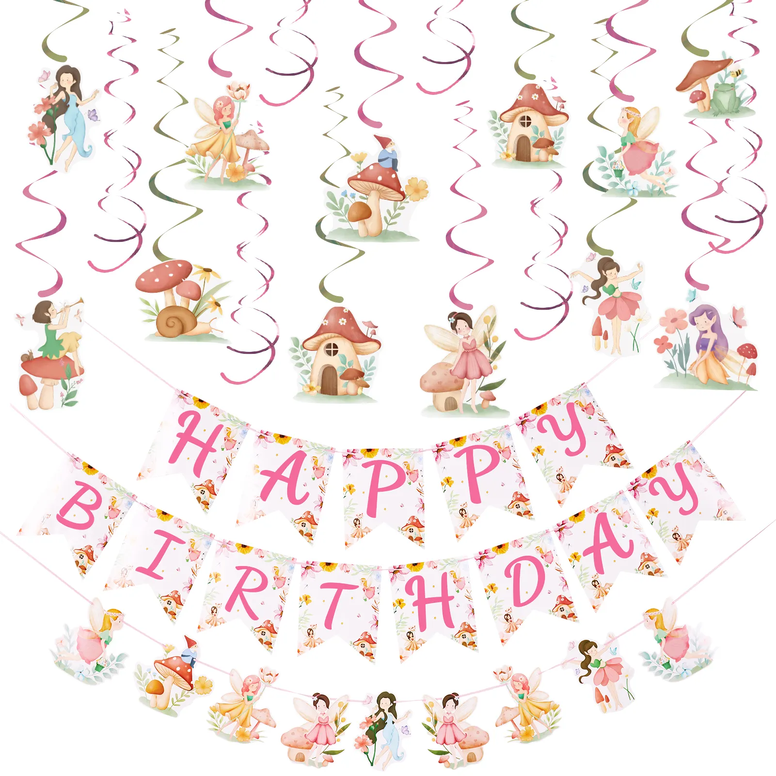 Cổ Tích Hạnh Phúc sinh nhật biểu ngữ Nấm cổ tích treo Swirls Hoa Cổ tích sinh nhật đảng trang trí nguồn cung cấp