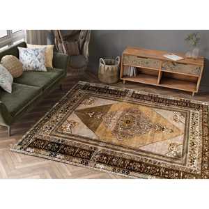 Tapis turc à motifs bruns : tapis imprimé de style ethnique anatolien, tapis fin non tissé - Product Image 1