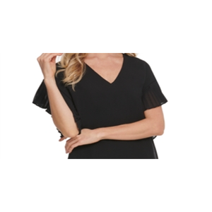 Abito da Donna DKNY con Maniche Plissettate e Scollo a V in Chiffon Blu, Taglia M - Product Image 2