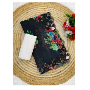 Designer indien traditionnel noir beau travail manuel imprimé Saree en soie avec chemisier élégant Sari femmes fêtes mode indienne - Product Image 1