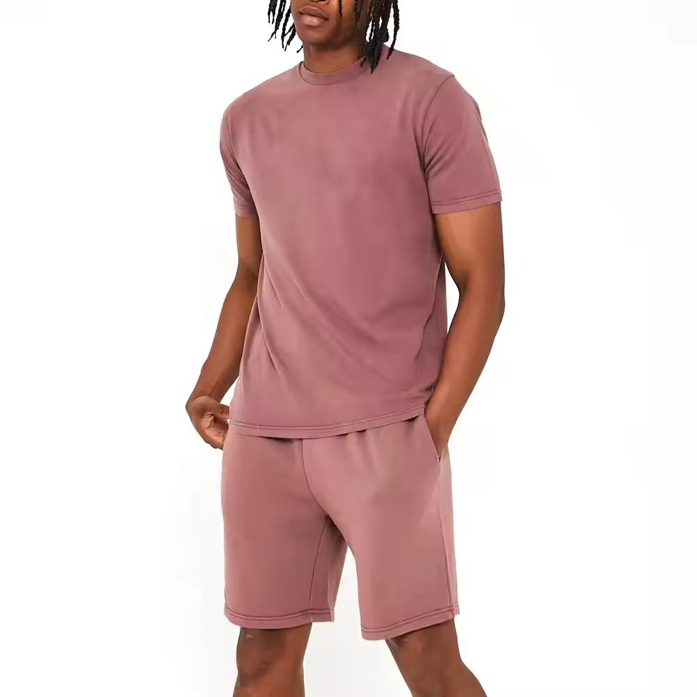 Hot Sale Product Summer Short Sleeve Men Acid Wash Twin Set Best Selling Men's Customized Men Twin Set Solid Color For Sale