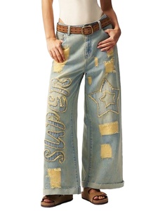 Pantalones Vaqueros cintura alta y personalizados de pierna ancha para mujer, pantalones vaqueros acampanados de moda para mujer, dobladillo crudo, remaches decorados transpirables - Product Image 4