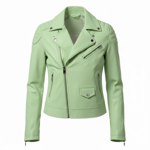 Veste de moto en cuir vert clair de style urbain pour femmes, vente en gros personnalisée, prix d'usine, style motard authentique, mode féminine - Product Image 2