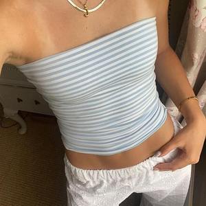 Bleu Blanc Rayé Tube Top Sexy Dos Nu Design Style Simple Slim-Fit Figure Flatteur American Hot Girl's Basic Short - Product Image 3