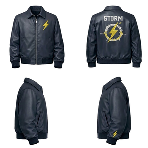 Navy Custom Leather Canvas Winter Racing Jacket Storm Embroidery Biker Bomber <b>Hip</b> Hop Streetwear Men's <b>Padded</b> Letterman - Product Image 6