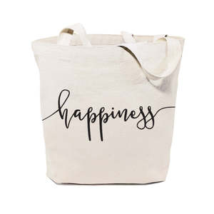 Happiness Cotton Canvas Tote Bag Eco-Friendly Durable Custom Letter Printing Long Ribbon Washable for Daily Use Advertising Gift - Product Image 1