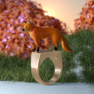 Golden Fox Animal <b>Cocktail</b> <b>Ring</b> Unisex Modern Fashion Statement Jewelry 14K <b>Gold</b> Plated Sterling Silver <b>Ring</b> - Product Image 1