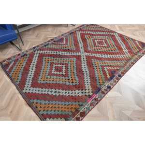 5.4x7.6 ft Turkish Kilim Rug, Vintage Rug, <b>Red</b> Animal Print <b>Wool</b> Rug - Product Image 4