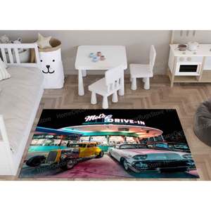 Vintage Drive In Scenery Printed <b>Rug</b>, Retro Design for Indoor Use,Chenille <b>Rug</b> - Product Image 3