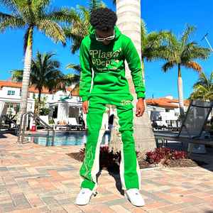 Chándales de invierno para hombre de algodón OEM 100%, Sudadera con capucha estampada de retazos, pantalones acampanados para correr, chándal sólido de dos piezas, característica a prueba de viento - Product Image 3