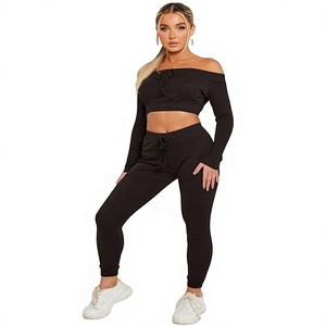 Conjunto de Pantalones y Top Corto de Manga Larga con Hombros Descubiertos para Mujer EVERGLOW, Color Negro Sólido, Estilo Casual, Corte Regular, 100% Algodón - Product Image 1