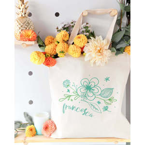 Personalized Aqua Floral Cotton Canvas Tote Bag Embroidery Zipper Closure Fashionable for All Summer Autumn Winter Spring - Product Image 3