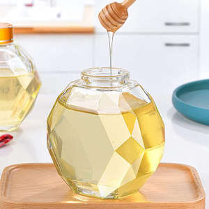 Hexagon Shape <b>Glass</b> Honey Storage <b>Container</b> Modern Detachable Sealed Jar Wooden Dipper Cork <b>Lid</b> <b>for</b> Honey Syrup Jam Packaging - Product Image 2