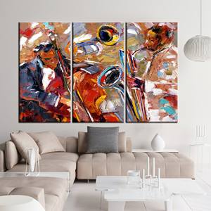 ภาพพิมพ์บนผ้าใบ: วงดนตรีแซกโซโฟนแจ๊สสุดสดใส - ศิลปะนามธรรมเชิงชาติพันธุ์,3P: ห่อหุ้มแบบแกลเลอรี่ - Product Image 1