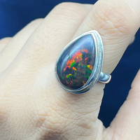 Opale de feu noire naturelle bague en argent sterling 925 opale noire éthiopienne pierre précieuse goutte de larme bague opale noire de feu pour pierre de naissance