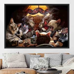 Modern Cats with Playing Cards Wall Art, Printed <b>Canvas</b> for Home Decor,1P:Black <b>Framed</b> - Product Image 1