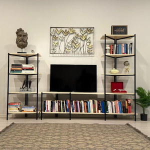 Soporte de TV de metal de 300x160cm de ancho con estante decorativo, estantería para archivos para oficina, salón, más soportes y estantes de almacenamiento de diseño - Product Image 2