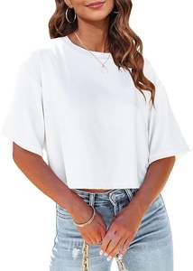Women Half Sleeve Cropped T-Shirts Drop Shoulder Round Neck <b>Crop</b> T Shirt Custom Logo Casual Summer Solid Color T-shirt <b>for</b> <b>men</b> - Product Image 2