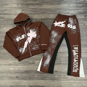 Custom Logo 100% Cotton French Terry Embroidery Sweatpants and Hoodie Jogger Set Zip up Acid Wash Sun Faded Tracksuit for Men - Product Image 4