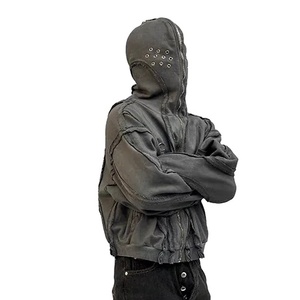 Sudadera con capucha completa con cremallera, lavado ácido, para hombre, ligera, cómoda, personalizada, de forro polar prémium de 310 g, ecológica, estilo ninja con máscara. - Product Image 1