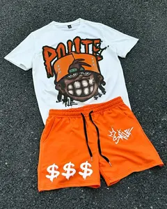 ชุดวอร์มผ้าฝ้าย2ชิ้นสำหรับผู้ชายชุดเสื้อยืดและกางเกงขาสั้นสไตล์สตรีทแวร์ล้างด้วยกรดออกแบบโลโก้ด้านหน้าได้ตามต้องการ - Product Image 5