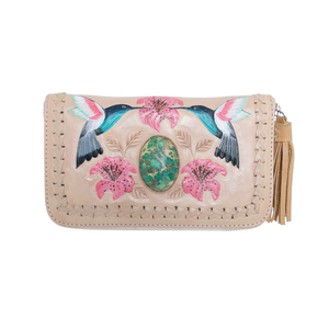 Colibri et fleur de lys tigre outillés à la main et peints à la main entourant une véritable pierre précieuse turquoise - Product Image 6