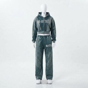Conjunto de Sudadera Corta con Cremallera y Pantalones Jogger de Pierna Ancha para Mujer, Color Verde Azulado Oscuro, Lavado Ácido, de Algodón y Felpa, Estilo Urbano, OEM al por Mayor - Product Image 3