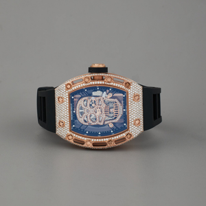 Montre de luxe en or rose sertie de moissanite, crâne squelette, avec bracelet en caoutchouc noir, montre personnalisée hip hop - Product Image 3