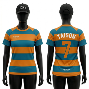Jersey de rugby premium para mujer, mezcla de poliéster y spandex de 280 GSM, diseño de paneles a rayas azul, blanco y dorado, impresión por sublimación personalizada - Product Image 4