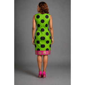 Giacca Bolero Ankara Rosa con Motivo Dorato e Pois Verdi e Neri, Abito Corto Senza Colletto al Ginocchio - Product Image 3