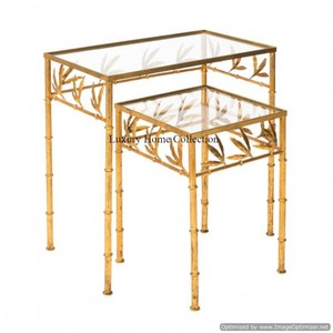 Mesa de anidación de Metal con diseño de hoja real, chapado brillante de Color dorado, accesorios de decoración para el hogar y el Hotel, suministros para muebles a bajo precio - Product Image 1