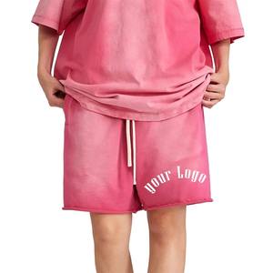 Short en vrac unisexe personnalisé Short lavé à l'acide en détresse Vintage bord brut coton éponge français Vintage rose couleur lavage à l'acide Shorts - Product Image 1