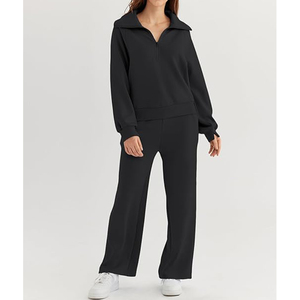 Sweatshirts with Wide Leg Sweatpants Quarter Zip Fleece Women Sweat Suits Loungewear Sets 2 Piece Wholesale Tracksuits - Product Image 6