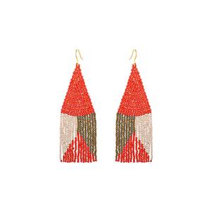 Boucles d'oreilles bohèmes en perles de rocaille orange, ivoire et marron avec franges et motif pompon, bijoux tendance pour cadeaux et tenues de plage - Product Image 1