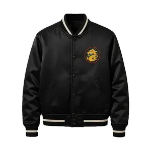 Veste en satin noire de style universitaire avec patch brodé de dragon - Product Image 1
