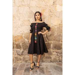 Women Black Shoulder Embroidered <b>Maxi</b> <b>Dress</b> Ethnic Floral Embroidery Mexican Style Short Sleeve Casual Fashion Natural Washable - Product Image 3