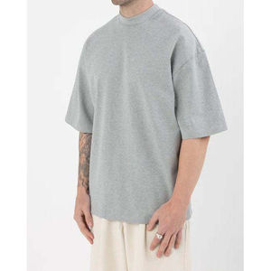 T-shirt pour homme en coton super épais surdimensionné à épaules tombantes Broderie Col montant Coupe ample Motif uni Tissu tricoté - Product Image 4