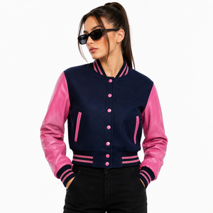 Navy <b>Pink</b> PU Leather Varsity <b>Jacket</b> Regular Fit Turn-down Collar Preppy Style Single Button Closure Unisex Autumn Wear - Product Image 1