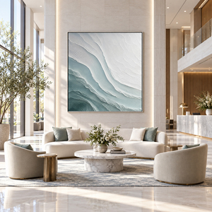 Art mural moderne, peinture à l'huile sur toile, vague océanique blanche et grise, texture superposée, minimaliste, décoration intérieure pour salon, hôtel - Product Image 1