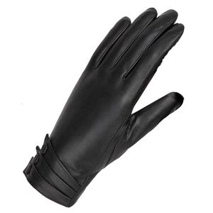 Guantes de cuero de PU de piel de oveja auténtica de invierno para hombre, mitones cálidos abotonados negros para conducción al aire libre, estilo liso a prueba de viento - Product Image 5