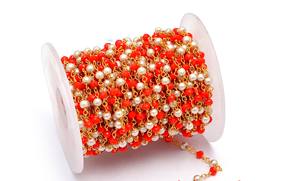 Handmade Coral Pearl Beads Rosary <b>Chain</b> 3mm Round Charm <b>Chain</b> Gold Plated Wire Wrapped Natural Gemstone Beaded <b>Chain</b> Jewelry - Product Image 3