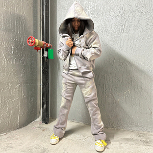 OEM 100% Custom Streetwear Puff Print Acid Wash Hoodies Stacked Flared Sweat Pants Chándal Zip up Hoodie - Product Image 3