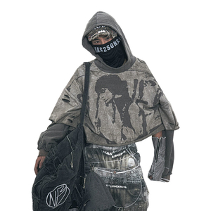 Sweat à capuche oversize à manches 3/4 et épaules tombantes pour hommes en coton mélangé Streetwear - Product Image 3