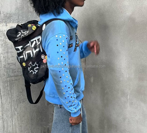 Ropa de calle de alta calidad 500 Gsm Heavy Rhinestone Letter Printing Vintage Acid Wash Sun Faded Zip Up Rhinestone Sudadera con capucha para hombre - Product Image 4