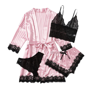 Cheap Price <b>Women's</b> Spaghetti Strap Round Neck Solid Knee Length 4PCS Satin <b>Silk</b> Robes Pajamas Set - Product Image 4