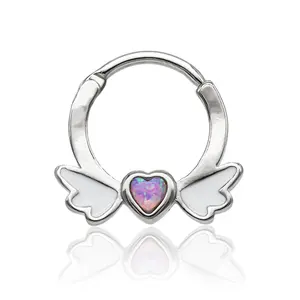 Cute Heart Wings Septum Piercing Jewelry Clicker Hinged Segment Opal Nose Rings For Women