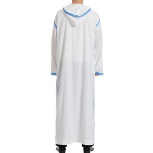 Thobe blanc élégant pour hommes, avec passepoil bleu ciel, Jubba islamique, Kandura saoudien, Dishdasha arabe, col en V, manches longues, vêtements de prière - Product Image 2