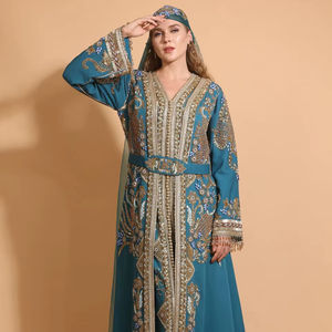 Kaftan marocain de luxe bleu sarcelle avec broderie dorée, robe de mariée modeste ornée de perles à la main - Product Image 1