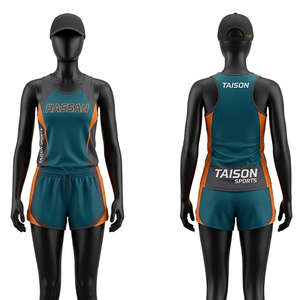 Uniforme de Running para Mujer, 150 GSM, Poliéster Transpirable, Color Verde Azulado, Gris y Naranja, Paneles Laterales Sublimados - Product Image 1