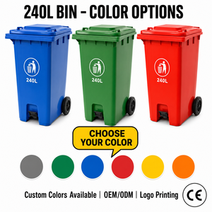 Contenedor de <span class=keywords><strong>Basura</strong></span> Ecológico de 240L para Áreas Públicas Exteriores con Logotipo Personalizado, HDPE Resistente con Tapas, Tapón de Drenaje y Ruedas con Freno - Product Image 6